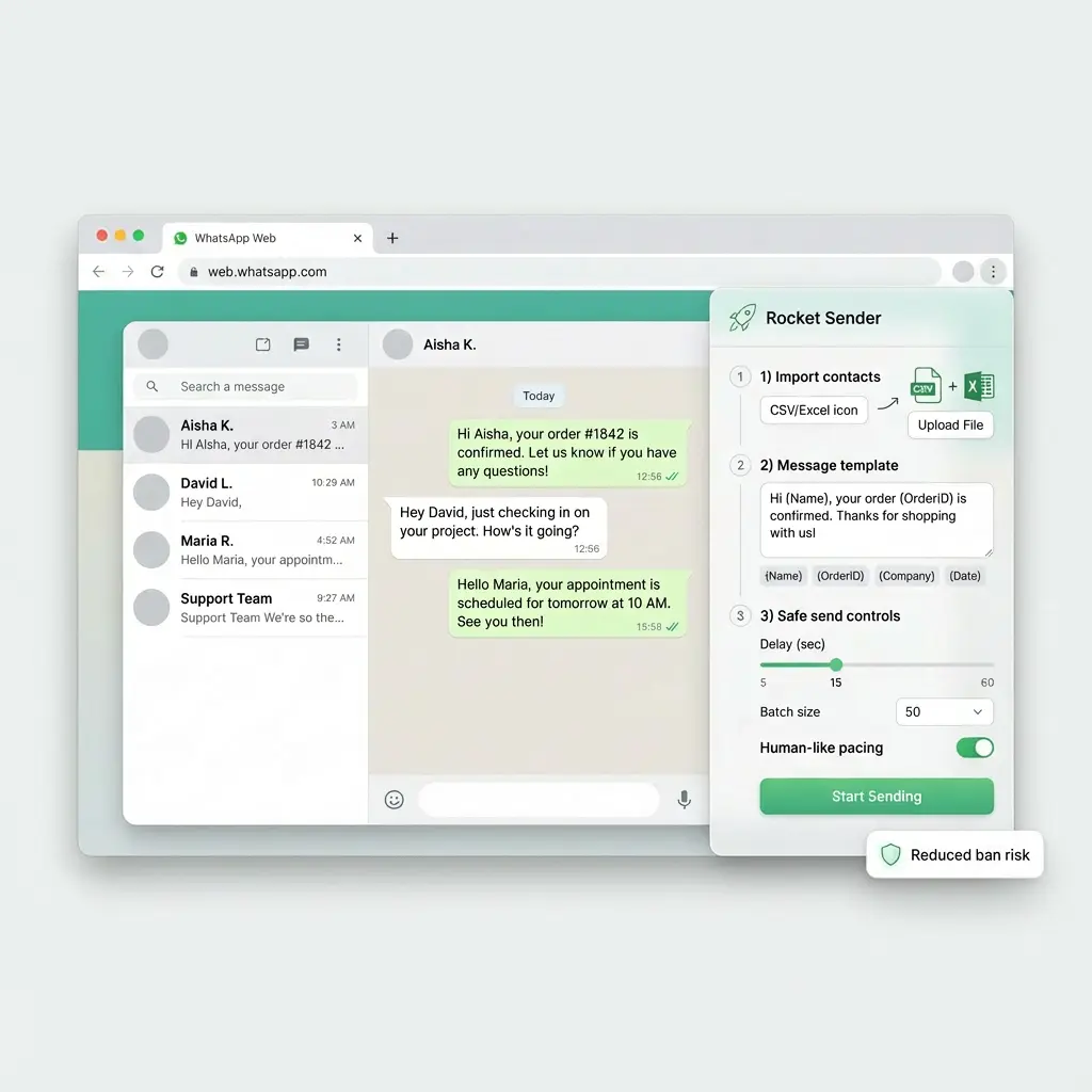 Premium Sender WhatsApp messaging interface showing personalized bulk message sending directly from WhatsApp Web