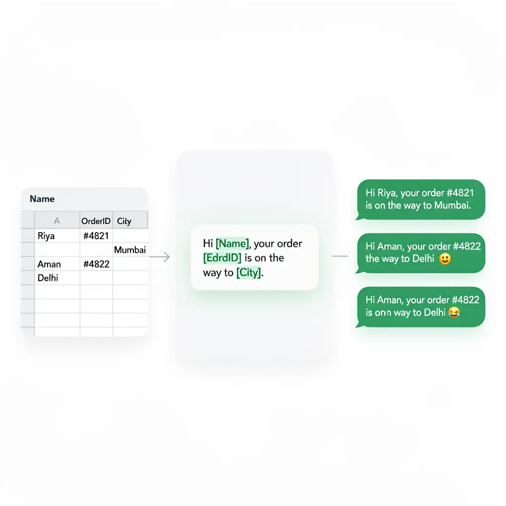 Sheet WA personalizing WhatsApp messages with dynamic placeholders like Name, OrderID, and City