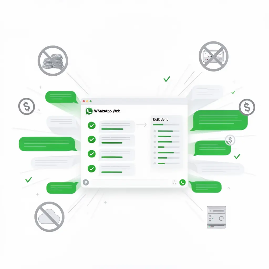 WAbulk working directly with WhatsApp Web without requiring expensive WhatsApp Business API, showing cost-free bulk messaging without per-message charges